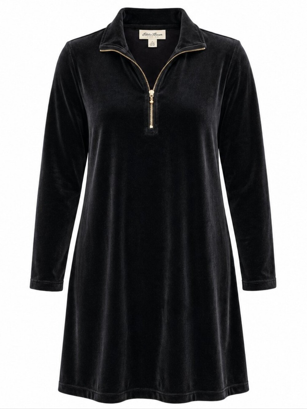 EDDIE BAUER | Black Velvet Velour Quarter Zip Mock Neck Cotton Blend Dress | L